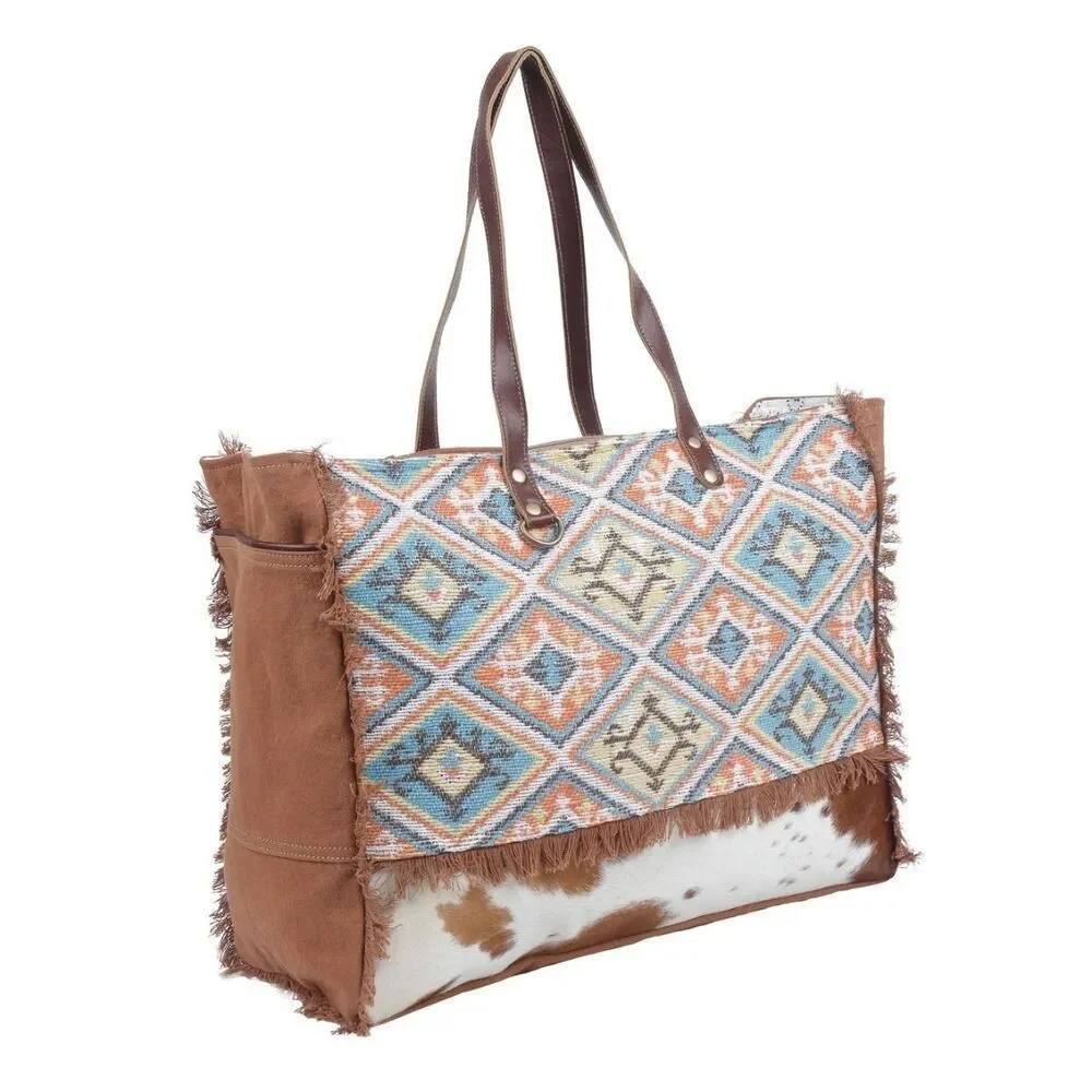 Myra Bag Handmade Ambrose Weekender Bag Upcycled Canvas & Cowhide Leather